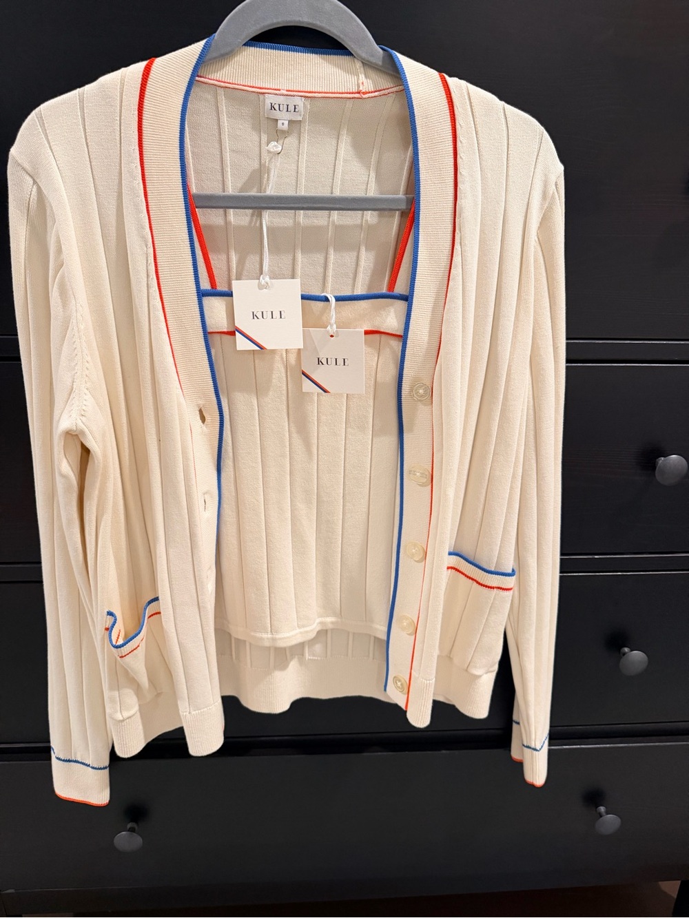 KULE the DEDE and LOULOU Cream Ribbed Cardigan and top with Poppy & Blue Trim